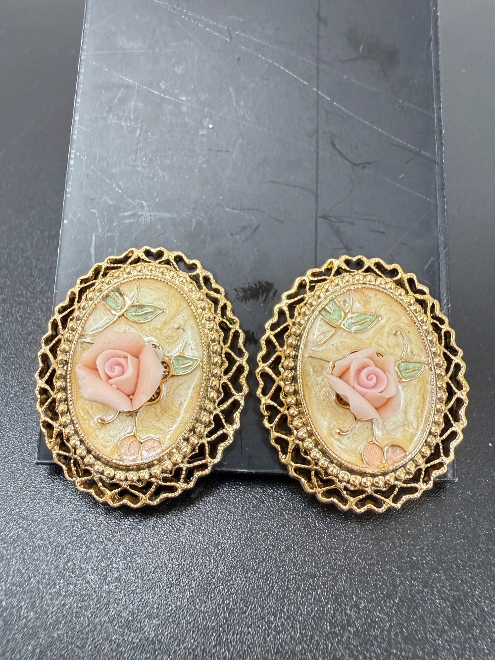 Vintage Style Gold-Plated Earrings with Pink Rose Accent